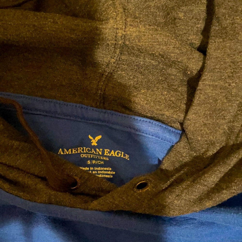 Casual American Eagle blue and gray pullover hoodie.